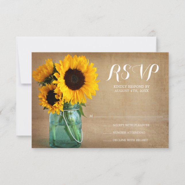 Rustic Sunflowers Mason Jar Country Wedding RSVP Card (Front)