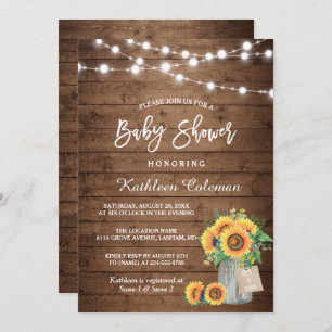 Rustic Sunflowers Mason Jar Lights Baby Shower Invitation