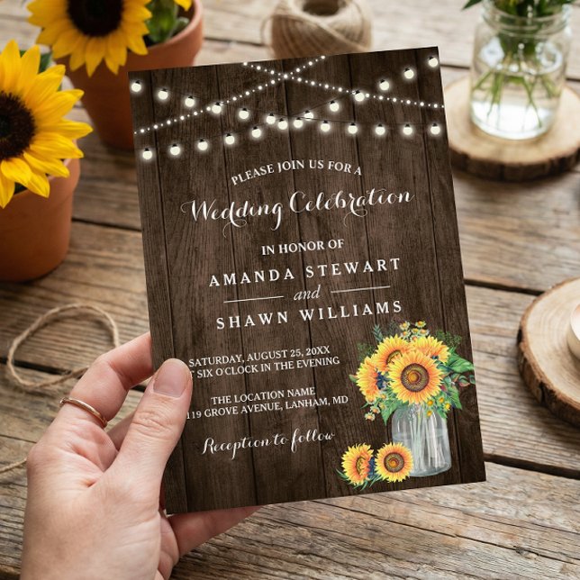 Rustic Sunflowers Mason Jar String Lights Wedding Invitation (Creator Uploaded)