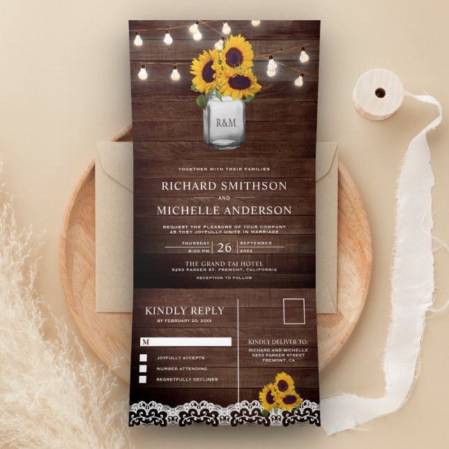 Rustic Sunflowers Mason Jar String Lights Wedding Tri-Fold Invitation (Creator Uploaded)