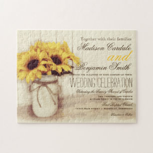 Rustic Sunflowers Mason Jar Wedding Invite Puzzle