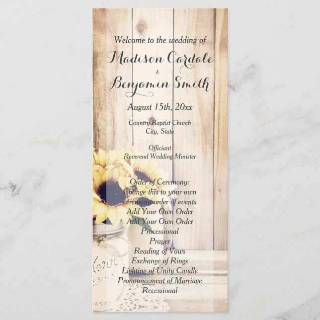Rustic Sunflowers Mason Jar Wedding Programs (Front)