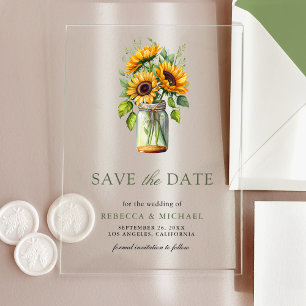 Rustic Sunflowers Mason Jar Wedding Save the Date Acrylic Invitations