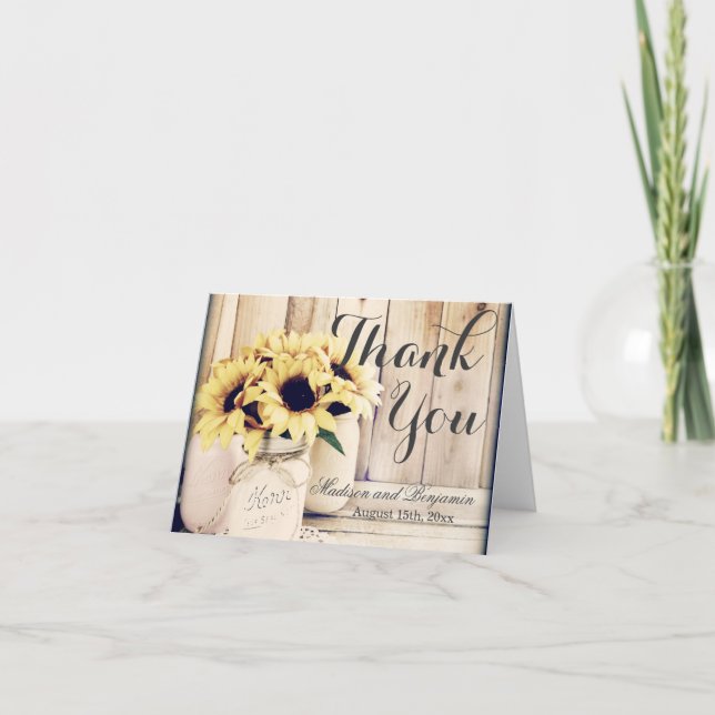 Rustic Sunflowers Mason Jar Wedding Thank You Card (Front)