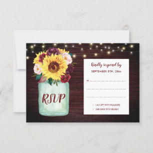 Rustic Sunflowers Mason Jar Wood Wedding RSVP Card