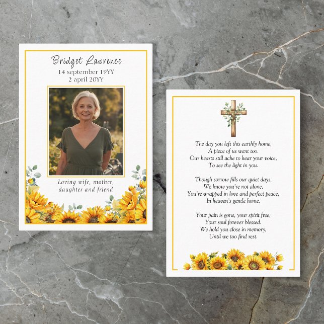Rustic Sunflowers Memorial Photo Prayer Card (Creator Uploaded)