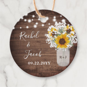 Rustic Sunflowers Monogram Jar Lights Wedding Favour Tags
