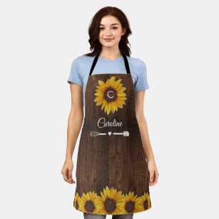 Rustic Sunflowers Monogram Wood Kitchen Apron