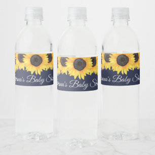 Rustic Sunflowers Navy Blue Baby Shower Water Bottle Label