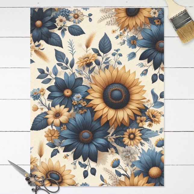 Rustic Sunflowers Navy Blue Daisies Decoupage Tissue Paper (Creator Uploaded)