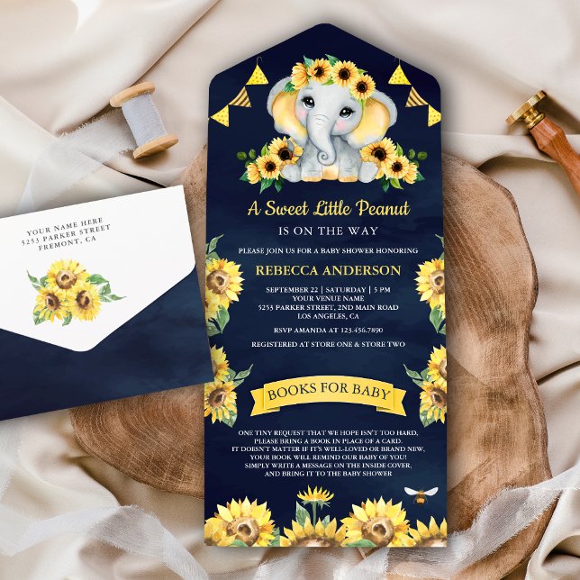 Rustic Sunflowers Navy Blue Elephant Baby Shower All In One Invitation (Creator Uploaded)