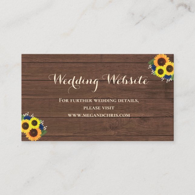 Rustic Sunflowers Navy Blue Roses Wedding Website Enclosure Card (Front)