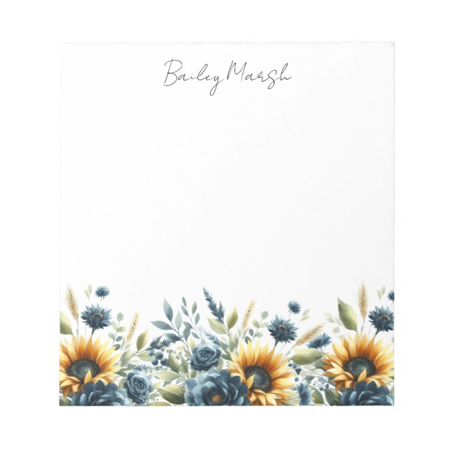 Rustic Sunflowers Navy Blue Wildflower Custom Name Notepad (Front)