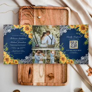 Rustic Sunflowers Navy Blue Wood QR Code Wedding Tri-Fold Invitation