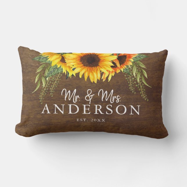 Rustic Sunflowers Newlyweds Mr. and Mrs. Lumbar Cushion (Front)