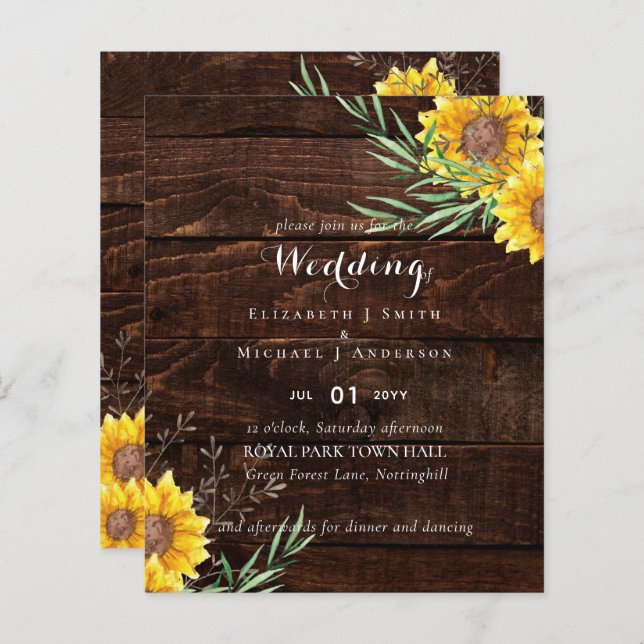 Rustic Sunflowers Olive Leaves Wedding Invite (Front/Back)