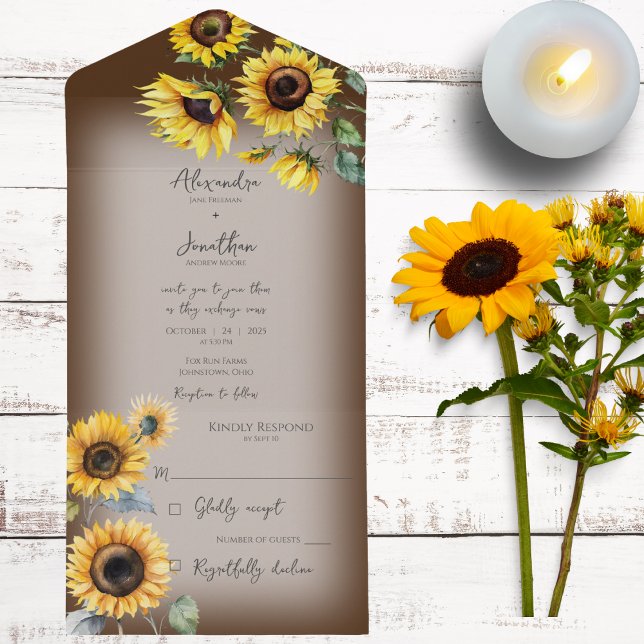Rustic Sunflowers on Faded Brown All In One Invitation (Also available with QR code. )
