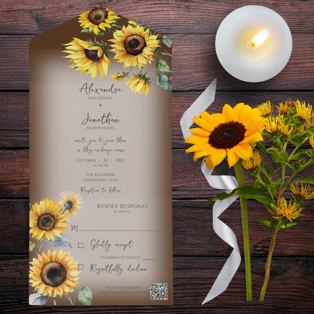 Rustic Sunflowers on Faded Brown QR Code  All In One Invitation (Creator Uploaded)
