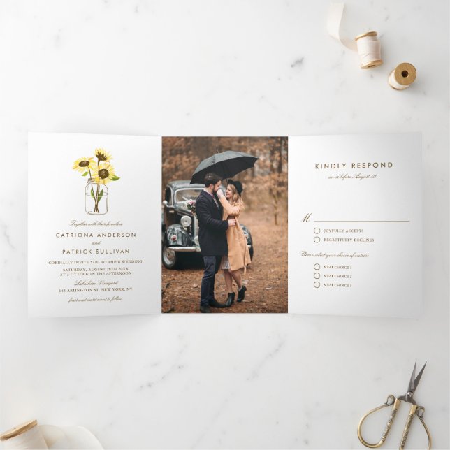 Rustic Sunflowers on Mason Jar Country Wedding Tri-Fold Invitation (Inside)