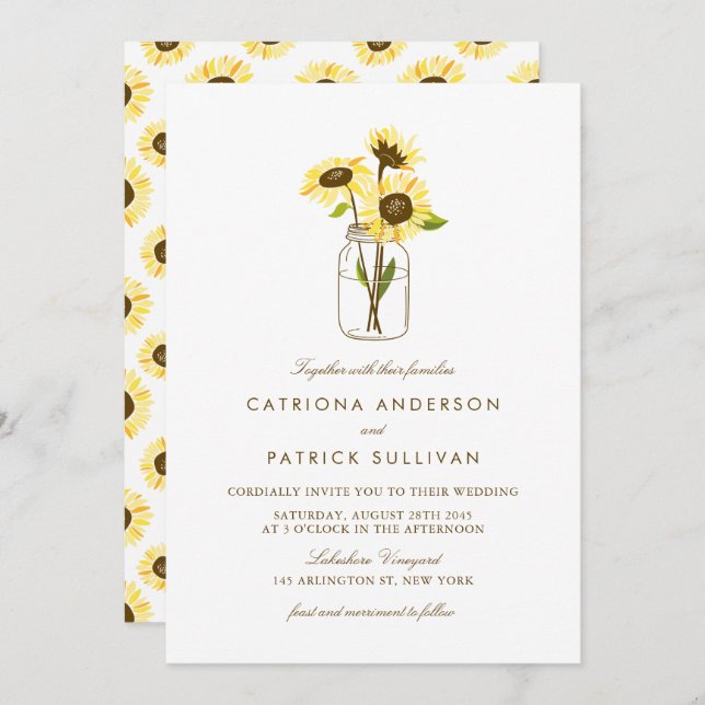 Rustic Sunflowers on Mason Jar Wedding Invitation (Front/Back)