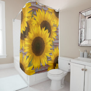 Rustic Sunflowers On Old Barn Wood Shower Curtain
