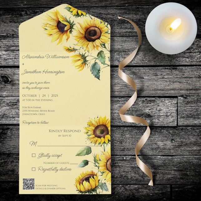 Rustic Sunflowers on Pale Gold with QR Code  All In One Invitation (Creator Uploaded)