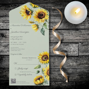 Rustic Sunflowers on Sage Green with QR Code All In One Invitation
