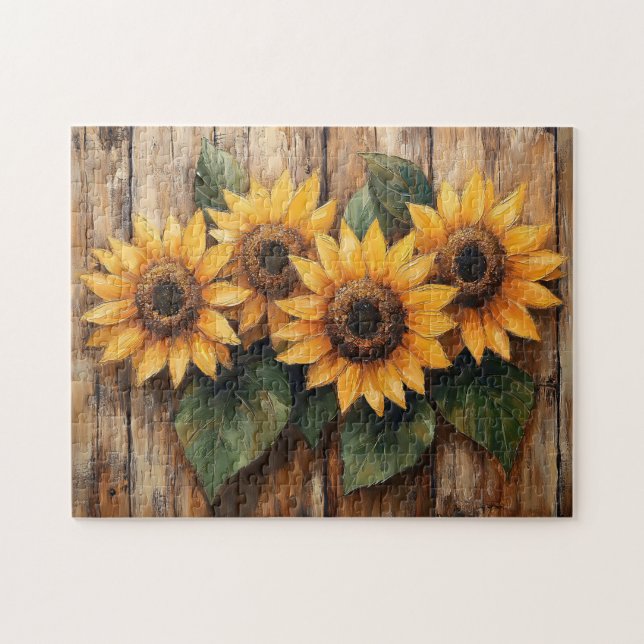 Rustic Sunflowers on Wood Jigsaw Puzzle (Horizontal)