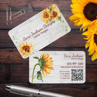 Rustic Sunflowers on Wood with QR Code Business Card