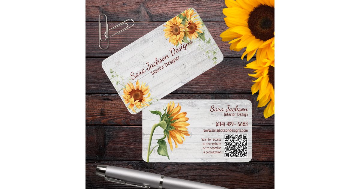 Rustic Sunflowers on Wood with QR Code Business Card | Zazzle