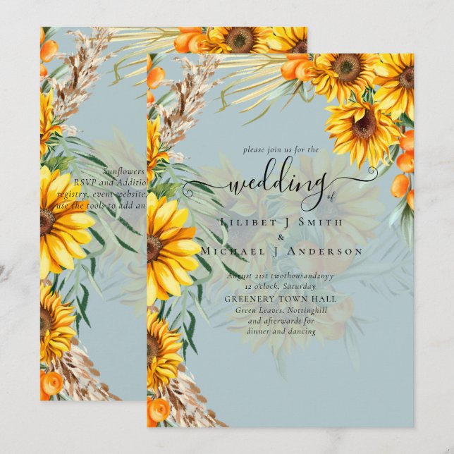Rustic Sunflowers Pampas Grass Sage Wedding (Front/Back)
