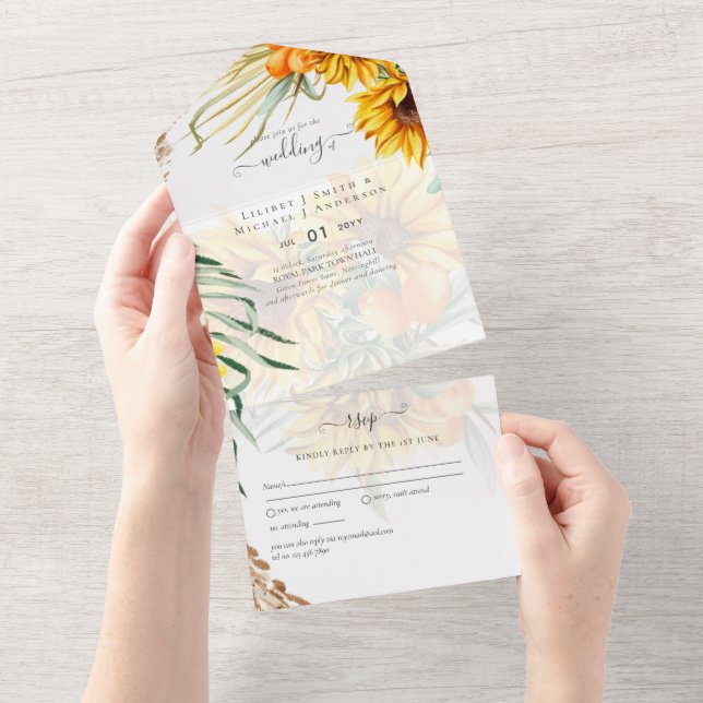 Rustic Sunflowers Pampas Grass Wedding All In One Invitation (Tearaway)
