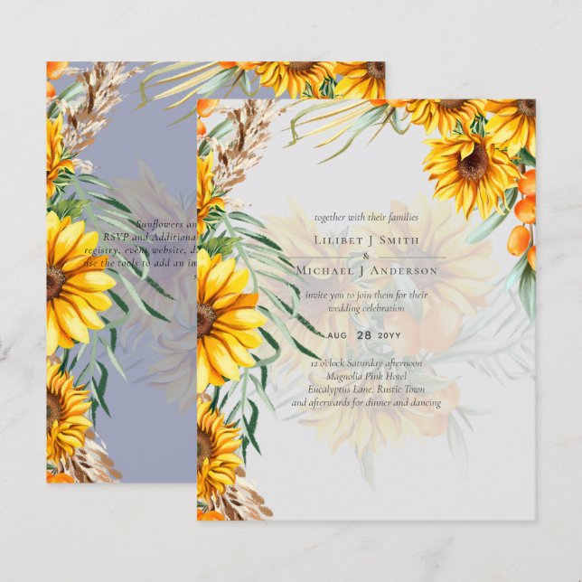 Rustic Sunflowers Pampas Grass Wedding Dusty Blue (Front/Back)