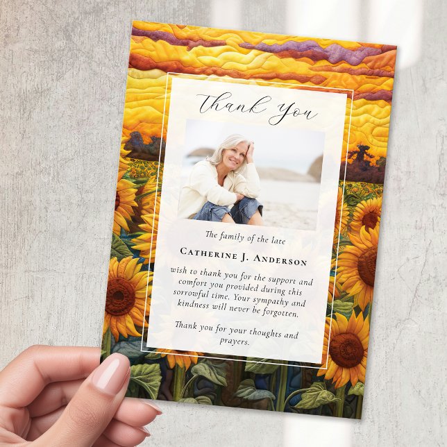 Rustic Sunflowers Photo Sympathy Funeral Memorial Thank You Card (Creator Uploaded)