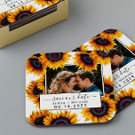 Rustic sunflowers photo wedding save the date square paper coaster<br><div class="desc">Elegant easy to personalize rustic yellow gold sunflowers wedding photo save the date keepsake coaster with your custom picture and editable trendy hand-lettered style script text over a white background. A unique way of announcing your wedding date, suitable for summer or autumn fall garden backyard rustic modern outdoor wedding ceremonies...</div>