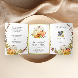 Rustic Sunflowers Pumpkin QR Code Wedding Tri-Fold Invitation