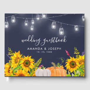 Rustic Sunflowers Pumpkin String Lights Wedding Guest Book