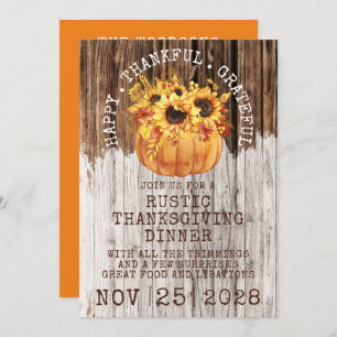 Rustic Sunflowers Pumpkin Wood Thanksgiving Dinner Invitation