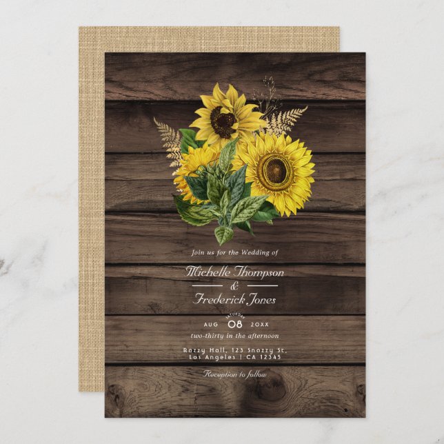 Rustic Sunflowers QR Code RSVP Country Wedding Invitation (Front/Back)