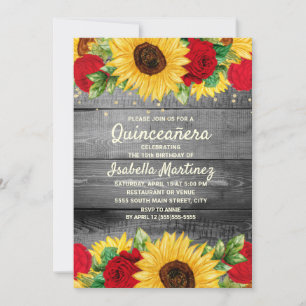 Rustic Sunflowers Red Roses Quinceañera Photo Invitation