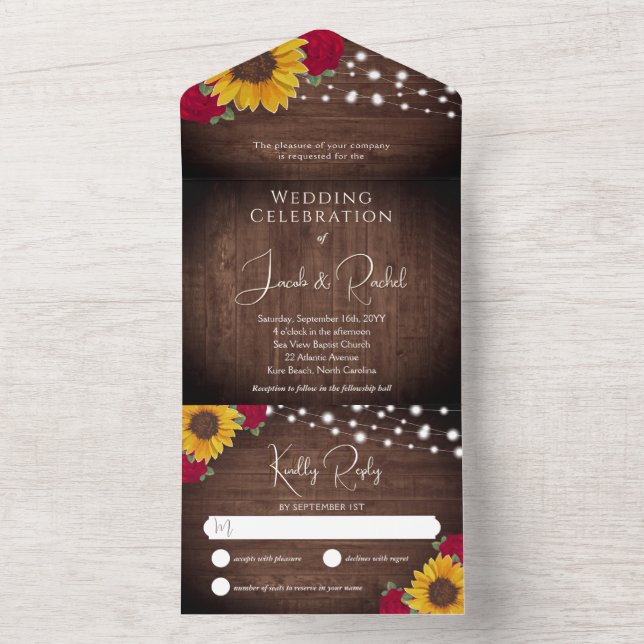 Rustic Sunflowers Red Roses Sting Lights Wedding All In One Invitation (Inside)