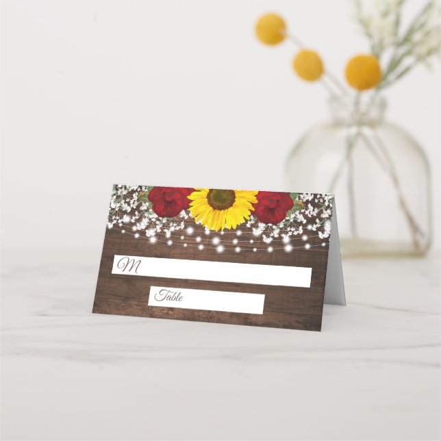 Rustic Sunflowers Roses and String Lights Wedding Place Card (Front)
