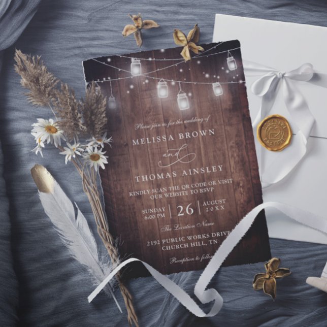 Rustic Sunflowers Roses Jar Lights QR Code Wedding Invitation (Creator Uploaded)