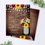 Rustic Sunflowers Roses Jar Lights Save the Date Postcard<br><div class="desc">This design features a mason jar vase filled with burgundy / dark red roses, sunflowers and baby's breath on a rustic wood background with string lights. Click the customise button for more flexibility in modifying the text. Variations of this design, different paper types which *do* include envelopes, as well as...</div>