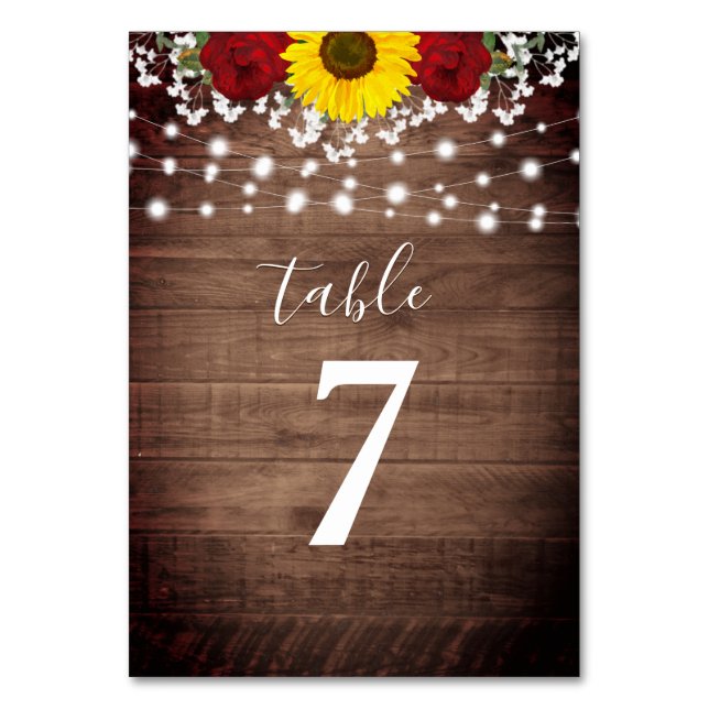 Rustic Sunflowers Roses Jar Lights Wedding Table N Table Number (Front)