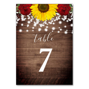 Rustic Sunflowers Roses Jar Lights Wedding Table Number