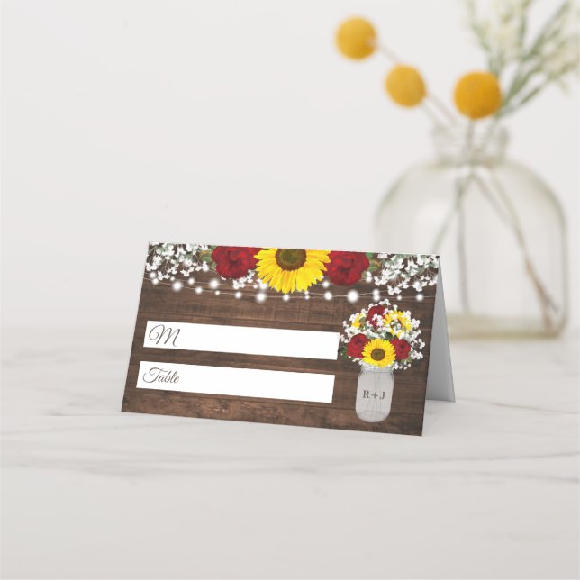 Rustic Sunflowers Roses Jar String Lights Wedding Place Card (Front)
