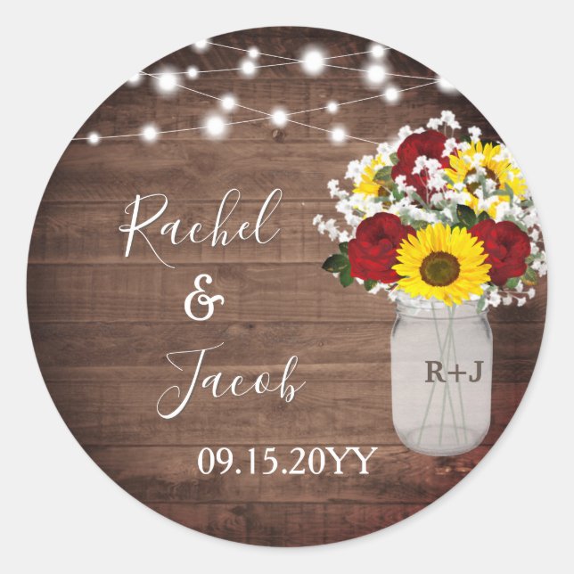 Rustic Sunflowers Roses Mason Jar Lights Wedding Classic Round Sticker (Front)