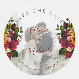 Rustic sunflowers roses photo wedding save date classic round sticker