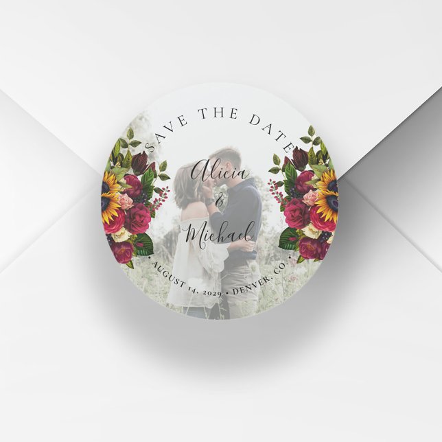 Rustic sunflowers roses photo wedding save date classic round sticker (Creator Uploaded)